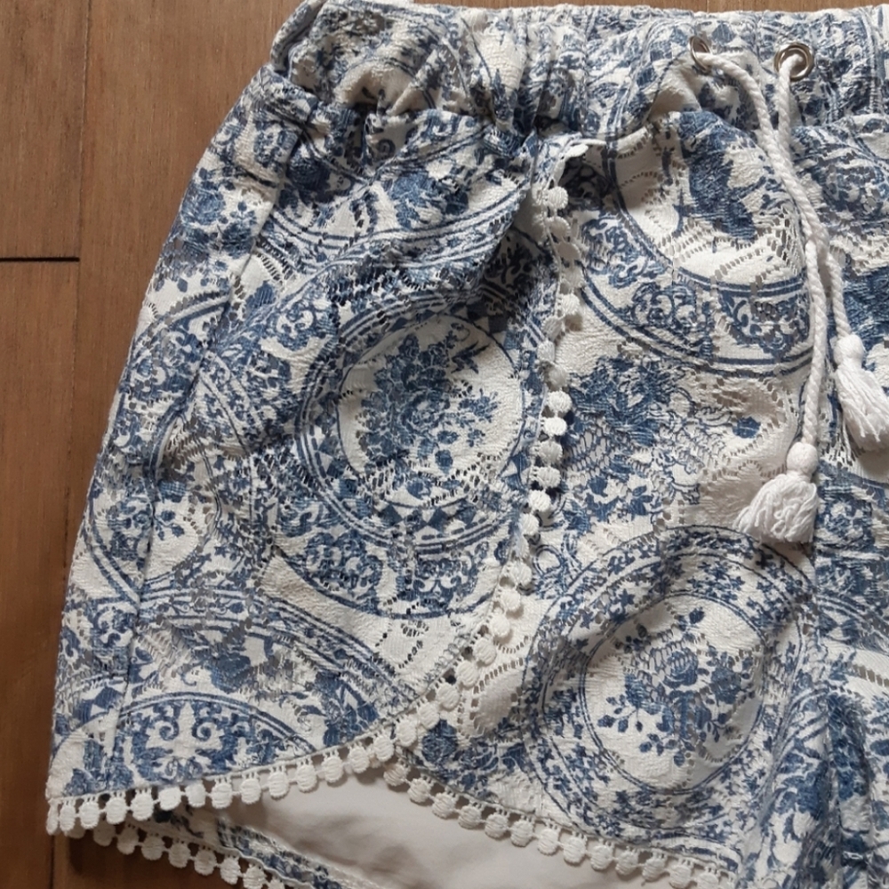 High Waist Blue and White Paisley Shorts